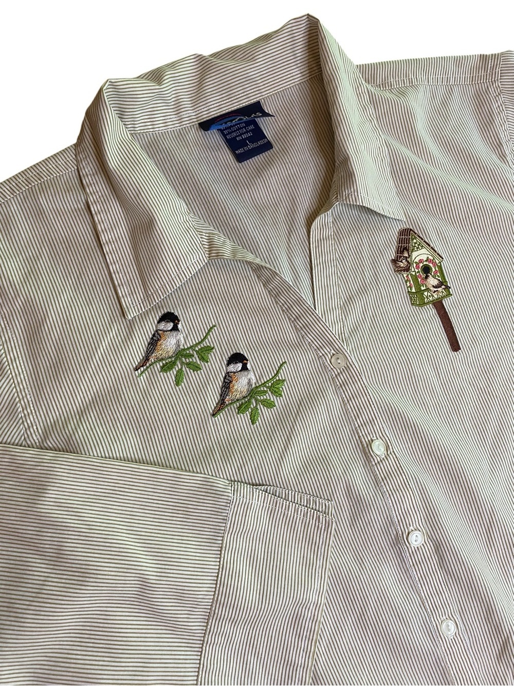 Las Olas Striped Button Down Top Women’s L Cottagecore Birds 90s Mom Grandmacore
